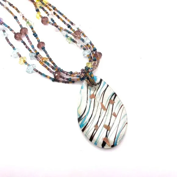 CJ Signed Multistrand Art Glass Necklace – Teardrop Pendant – Boho Statement - Picture 11 of 11